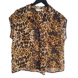 Bisou Bisou Leopard Cheetah Print Boxy Sheer Button Up Top